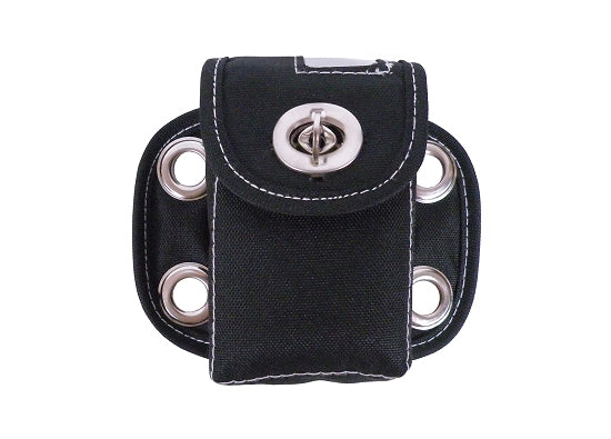 Black latch-style transponder pouch for secure kart racing attachment