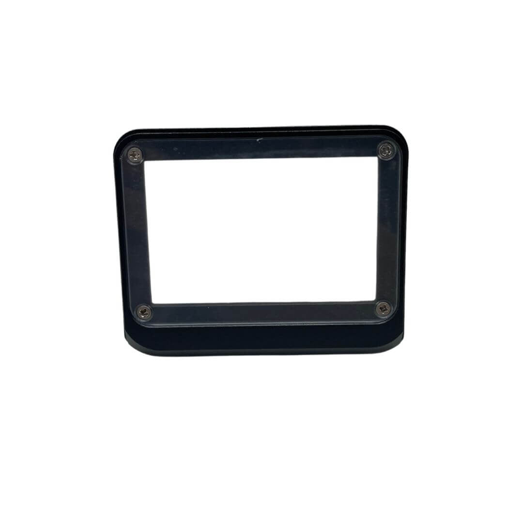 Front view of the clear polycarbonate Tuff-Kase GoPro back cover showing rectangular frame, four corner mounting screws, and open center on a white background