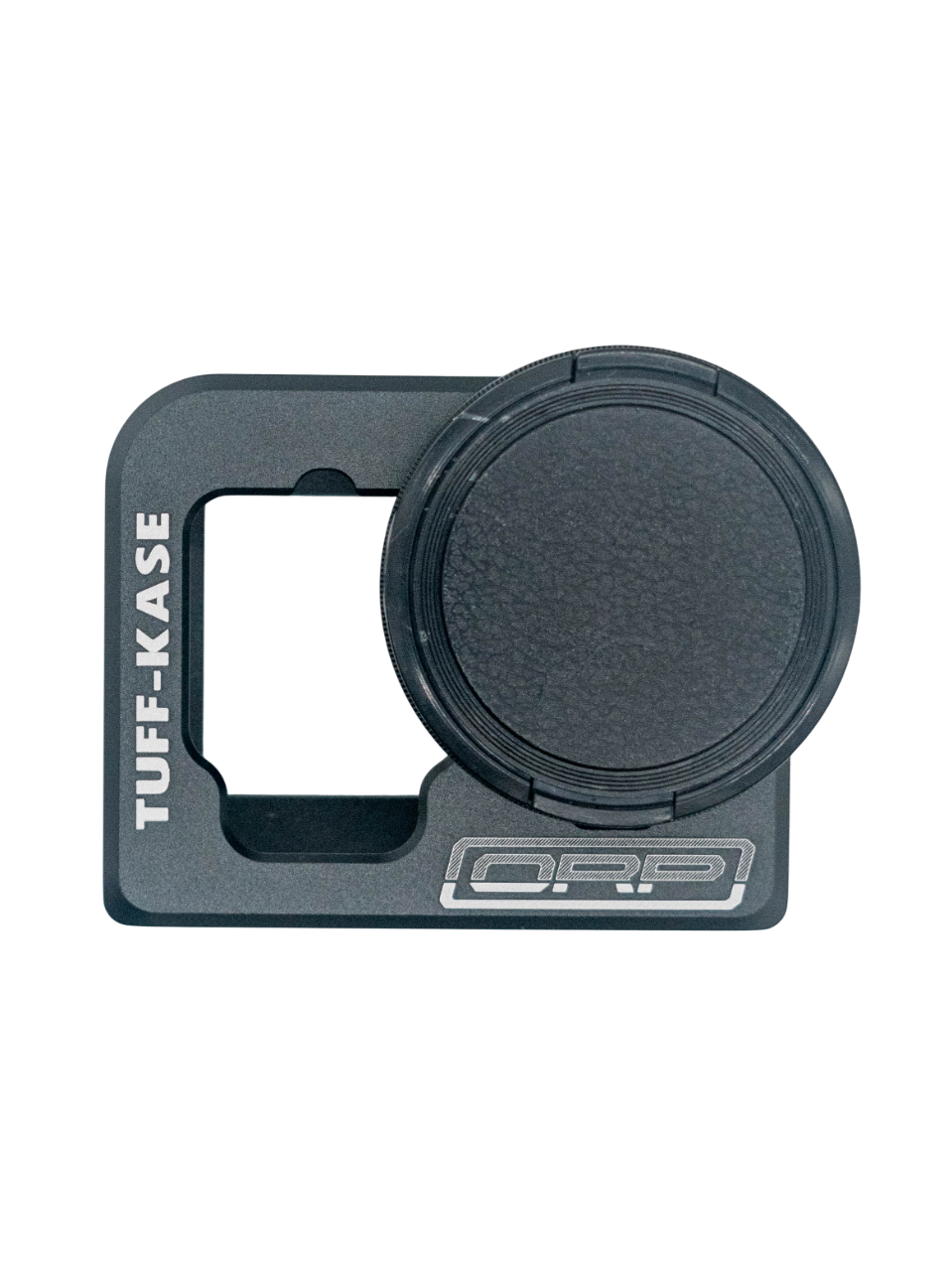 Front view of the black Tuff-Kase II showing the polycarbonate lens cover, TUFF-KASE engraving on the side, and ORP logo on the base on a white background