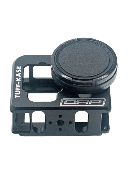 Rear three-quarter view of the black Tuff-Kase II displaying the open back, mounting holes, and access cutouts for buttons and SD card on a white background