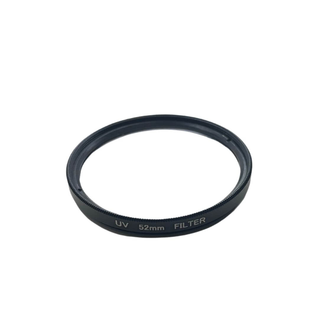 Black 52mm UV filter ring shown from angle displaying engraved text UV 52mm FILTER on a white background