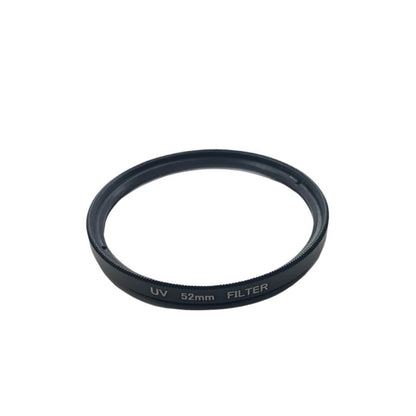 Black 52mm UV filter ring shown from angle displaying engraved text UV 52mm FILTER on a white background