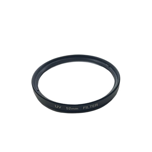 Black 52mm UV filter ring shown from angle displaying engraved text UV 52mm FILTER on a white background