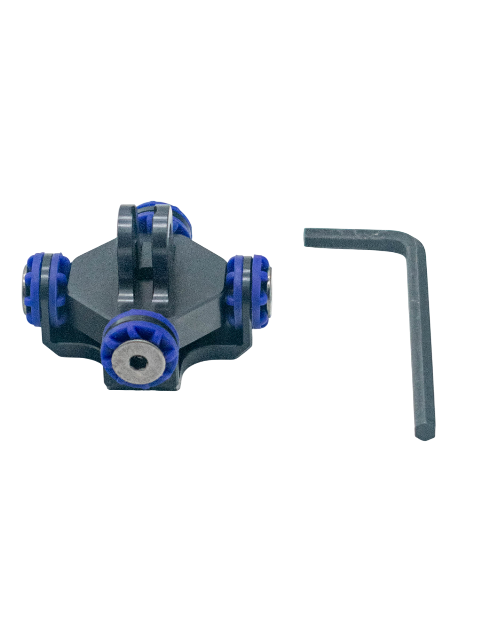 Angled view of black anti-vibration isolator highlighting blue dampening grommets, central mounting point and included hex wrench on a white background