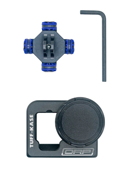 Top-down view of black anti-vibration isolator with four blue rubber grommets and included hex wrench on a white background