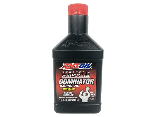 Quart bottle of Amsoil Dominator two-stroke oil for karts