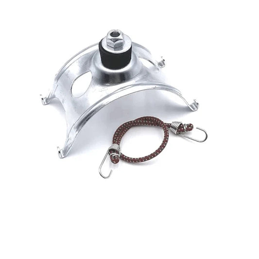 Silver aluminum universal airbox cradle with central rubber bushing, top bolt, and retaining cord with hooks on a white background