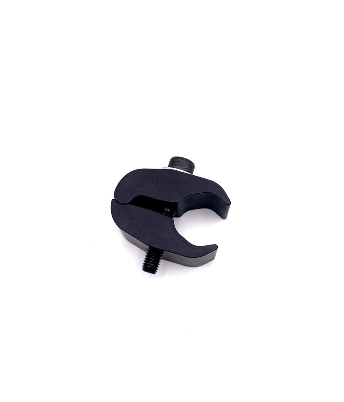 Black universal tube clamp 16-25mm with C-shaped body, knurled adjustment knob and locking bolt on a white background