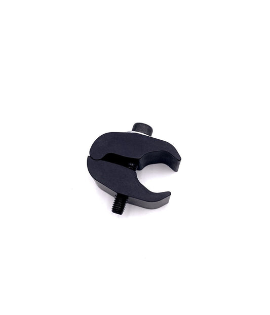 Black universal tube clamp 16-25mm with C-shaped body, knurled adjustment knob and locking bolt on a white background