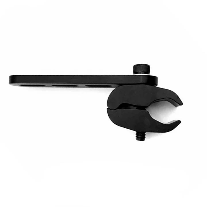 Rotated side view of matte black universal tube clamp with long arm highlighting connection between mounting bar and clamp body on a white background