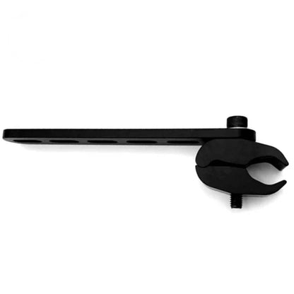 Side view of matte black universal tube clamp with long 170mm arm showing full row of adjustment holes and split clamp head on a white background