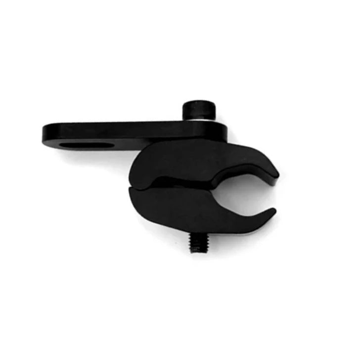 Front view of matte black universal tube clamp jaws with pinch bolt and short arm section on a white background