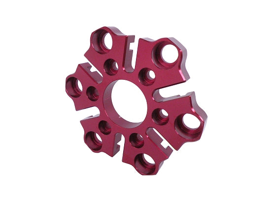 Red anodized Viper clutch big pin lever support, six-arm star with center bore and hex pockets on a white background