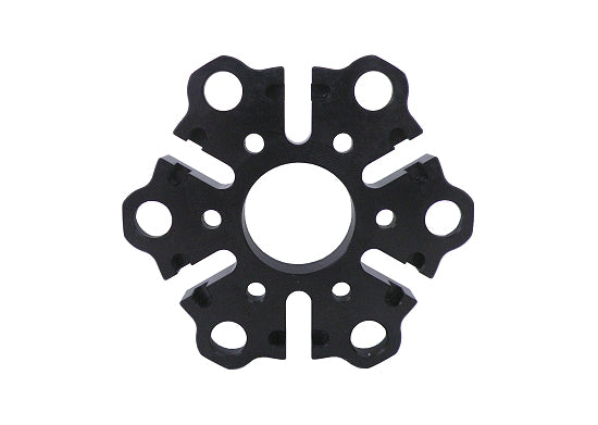 Black anodized six-arm Viper clutch lever support with large center bore, radial slots, and paired big-pin holes in each arm on a white background