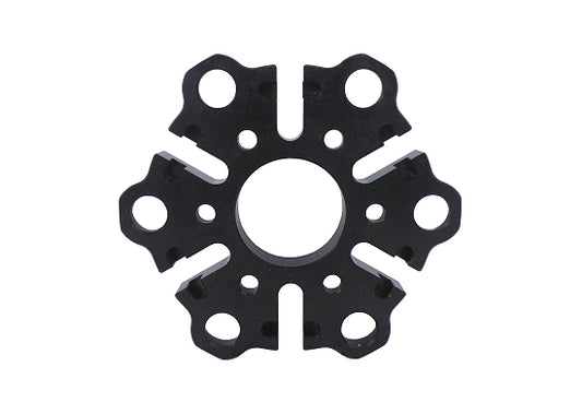 Black anodized six-arm Viper clutch lever support with large center bore, radial slots, and paired big-pin holes in each arm on a white background