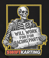 Close-up of Will Work for Racing Parts skeleton graphic on SwiftKarting.com karting apparel t-shirt