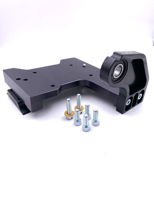 Black billet aluminum Yamaha KT100 third bearing style motor mount with bearing housing, chassis mounting holes and hardware kit on a white background