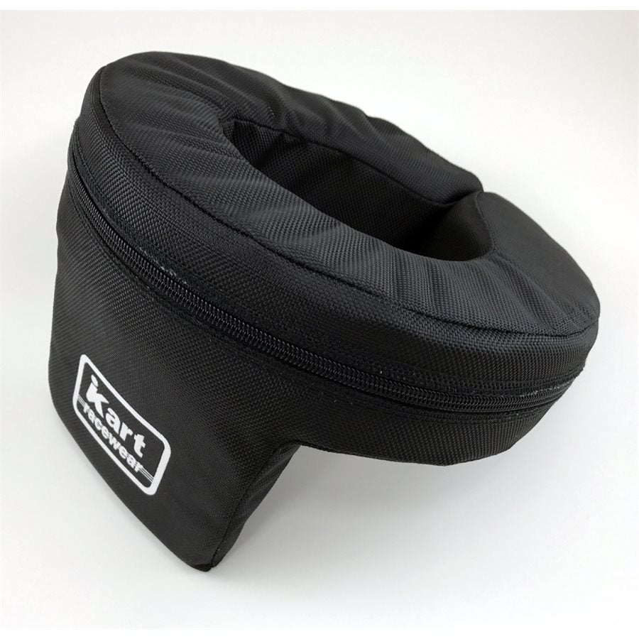 Black youth 360 wedge helmet support showing the full zipper, padded donut shape and Kart Racewear logo patch on a white background