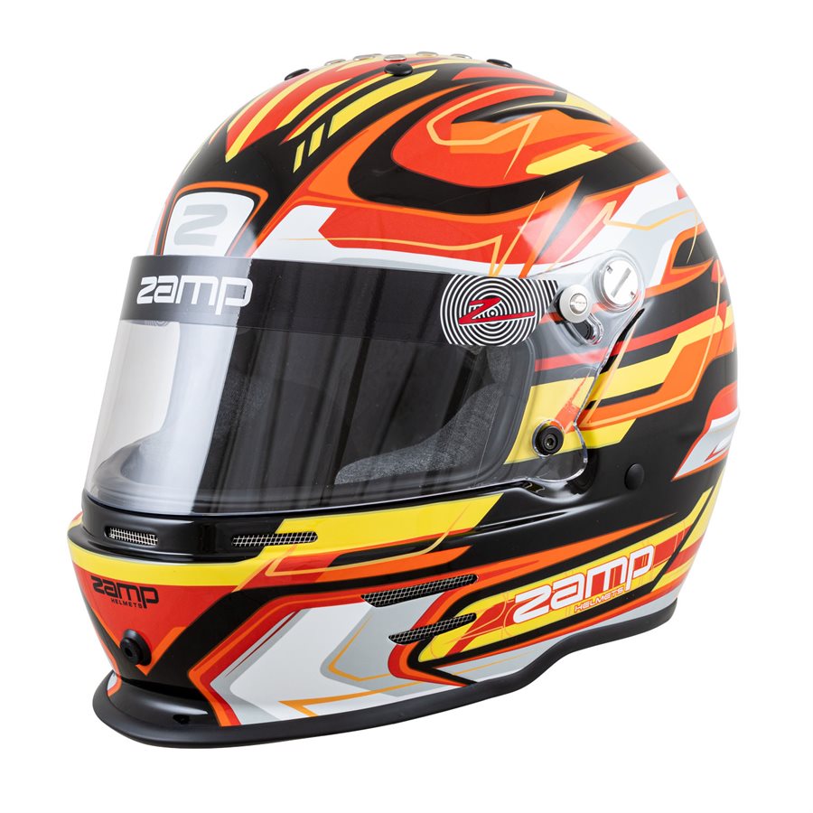 Zamp RZ-42Y youth helmet in black red orange and yellow graphics with tinted shield on a white background