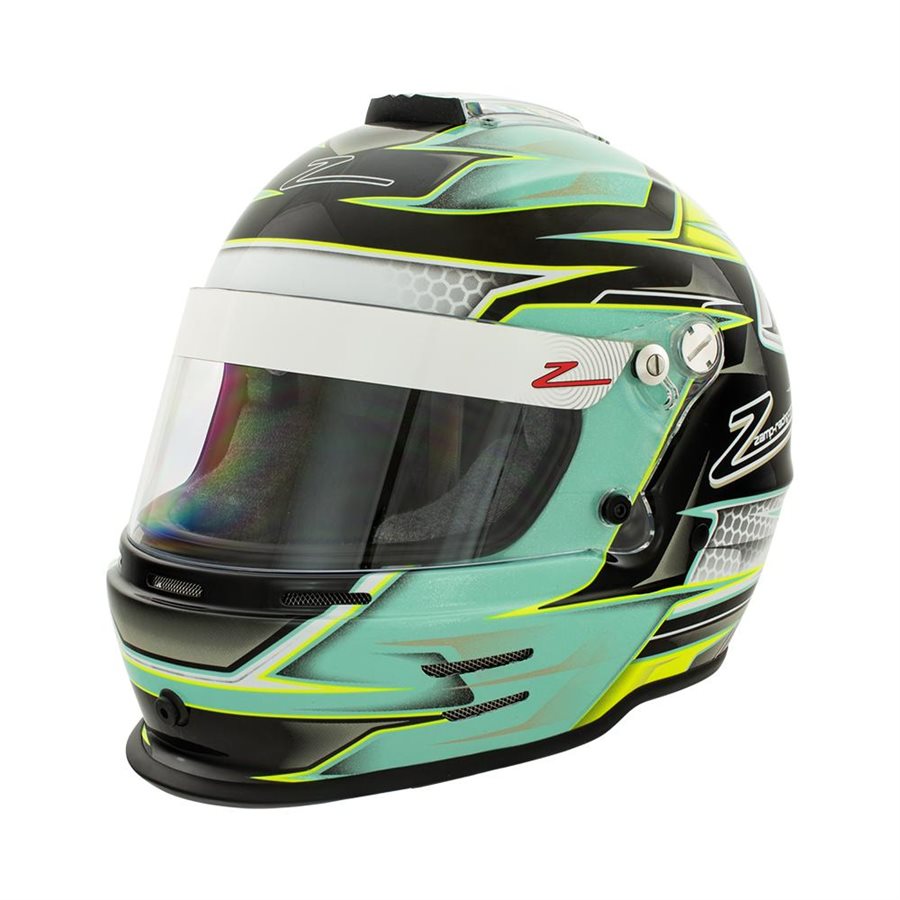 Zamp RZ-42Y youth helmet in black turquoise and neon yellow graphics with iridescent visor on a white background