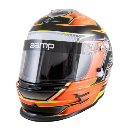 Zamp RZ-42Y youth helmet in orange black and yellow graphics showing front vents on a white background