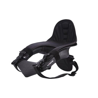Black 360 Plus Youth Device side view showing tall ribbed backrest, padded shoulder section, adjustable webbing straps and quick-release buckle on a white background