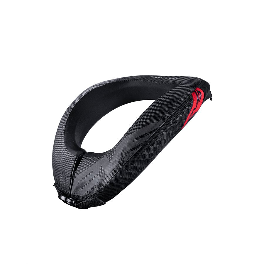 Black EVS R2 youth race collar showing padded C-shape, honeycomb texture, red accents and buckle closure on a white background