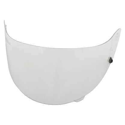 Front-on view of clear Z-19 FS9 FS10 helmet shield showing full curve, mounting tabs on both sides and black lock button on a white background