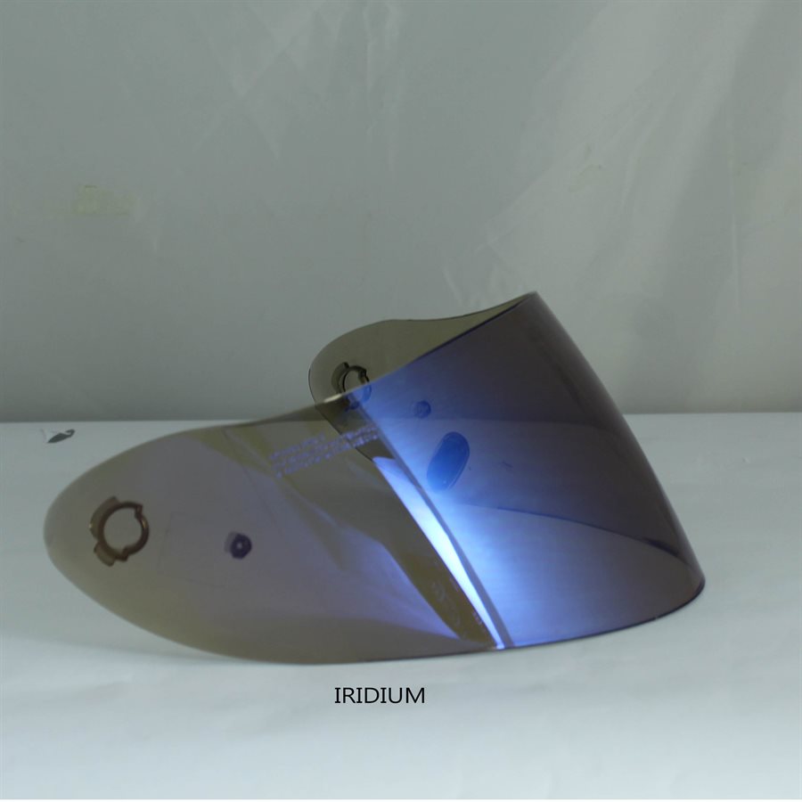 Iridium Z-19 helmet shield angled to display blue-purple reflective mirror finish labeled IRIDIUM on a white background