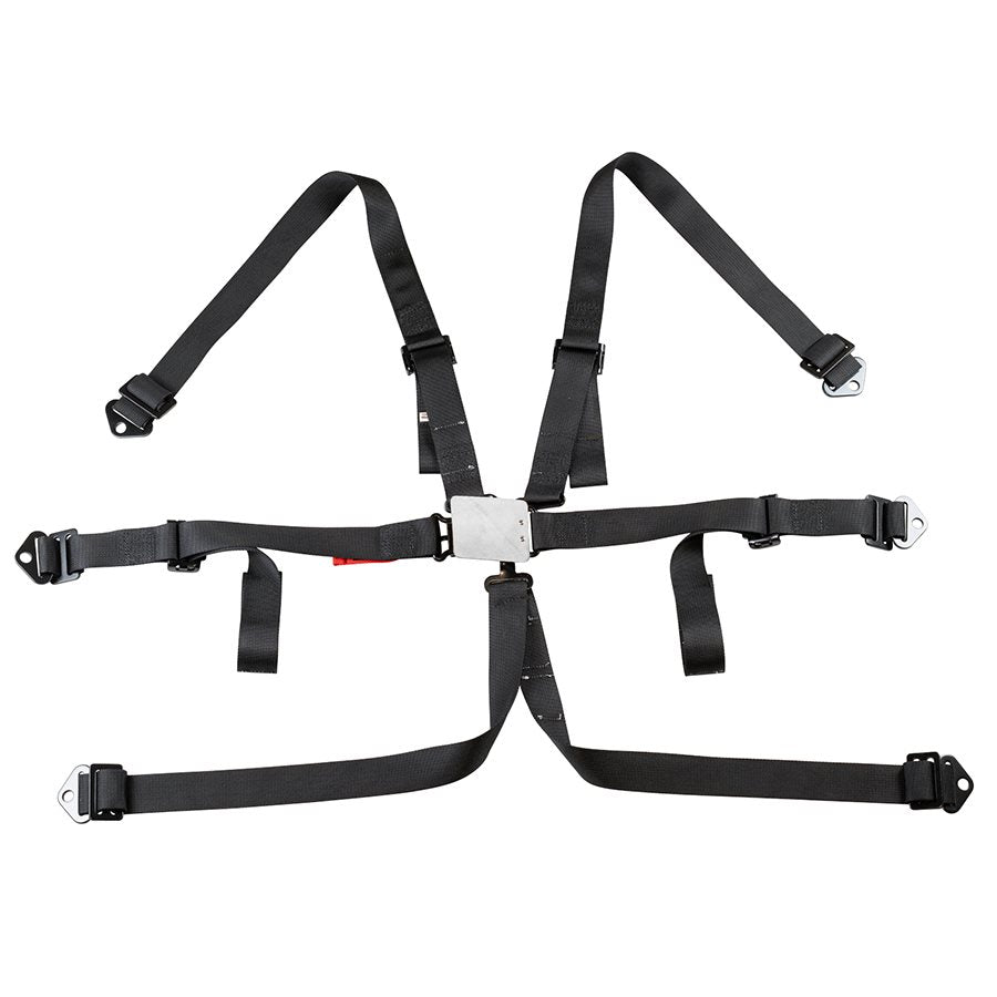 Black Zamp 6 point race seat harness with 2 inch belts laid flat in cross pattern with centered silver latch lock on a white background