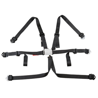 Black Zamp 6 point race seat harness with 2 inch belts laid flat in cross pattern with centered silver latch lock on a white background