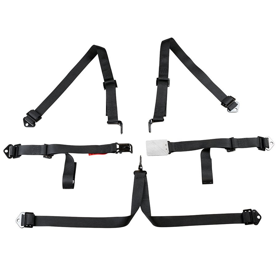 Disassembled Zamp 6 point kart harness showing separate straps, metal adjusters, and latch lock halves on a white background