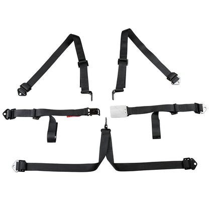 Disassembled Zamp 6 point kart harness showing separate straps, metal adjusters, and latch lock halves on a white background