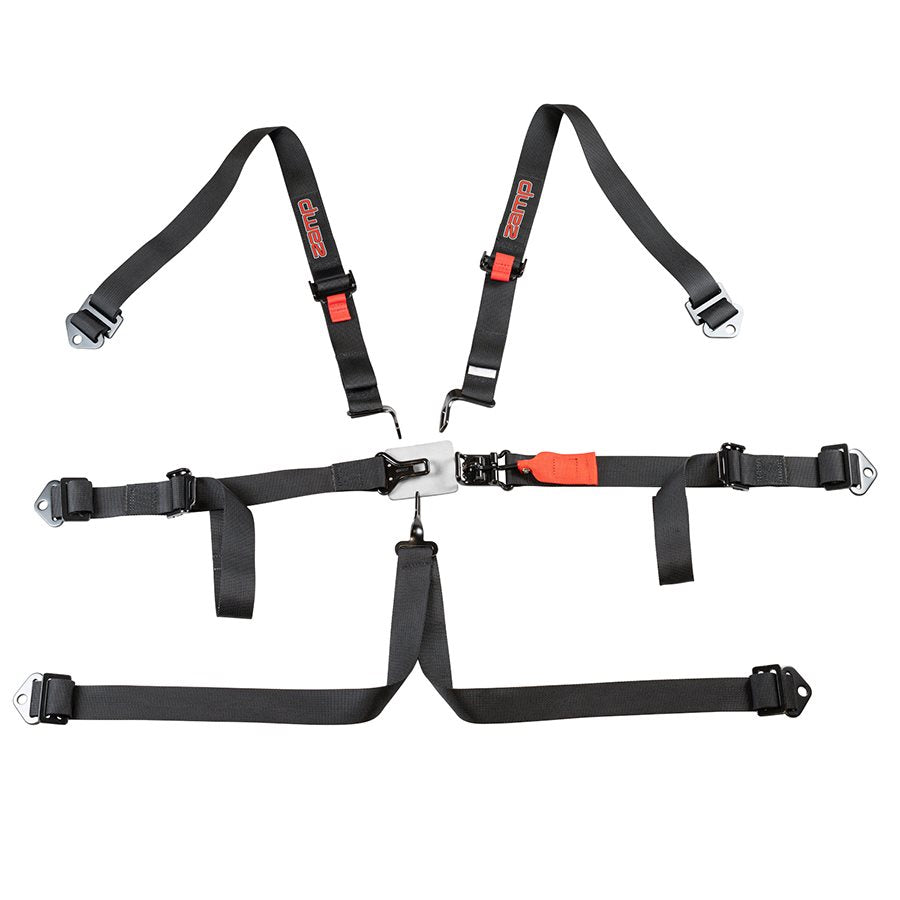 Zamp 6 point harness fully assembled with visible red Zamp logos on black shoulder straps and orange buckle release on a white background