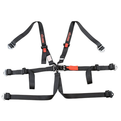 Overhead view of Zamp 6 point kart harness detailing the SFI 16.1 tag, belt stitching, and attachment points on a white background