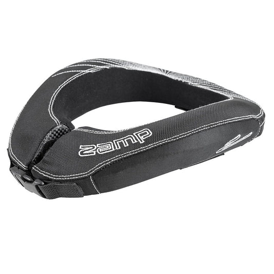 Side angle of Zamp adult racing neck collar in black showing white logo, contrast stitching, carbon fiber style patch and buckle assembly on a white background