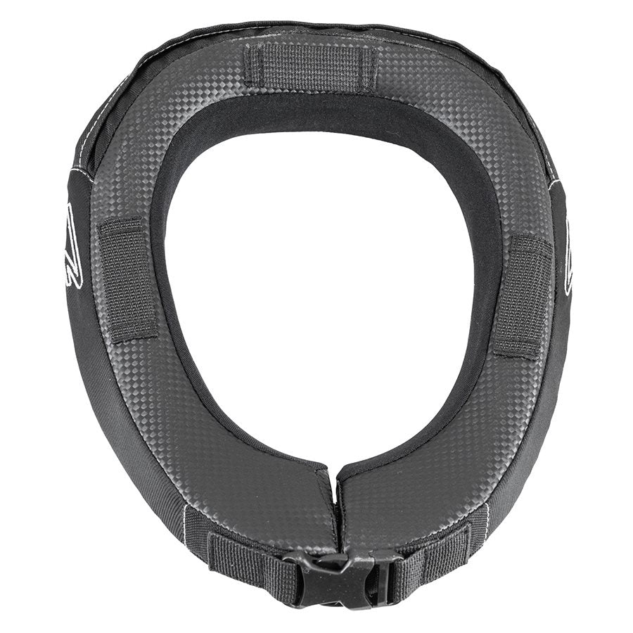 Top down view of Zamp adult racing neck collar in black revealing inner opening, textured grip padding and dual hook and loop tabs on a white background