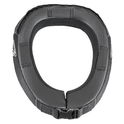 Top down view of Zamp adult racing neck collar in black revealing inner opening, textured grip padding and dual hook and loop tabs on a white background