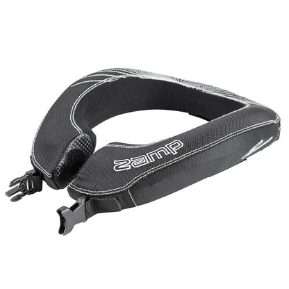 Side profile of Zamp adult racing neck collar in black displaying both ends of quick release buckle and foam thickness on a white background