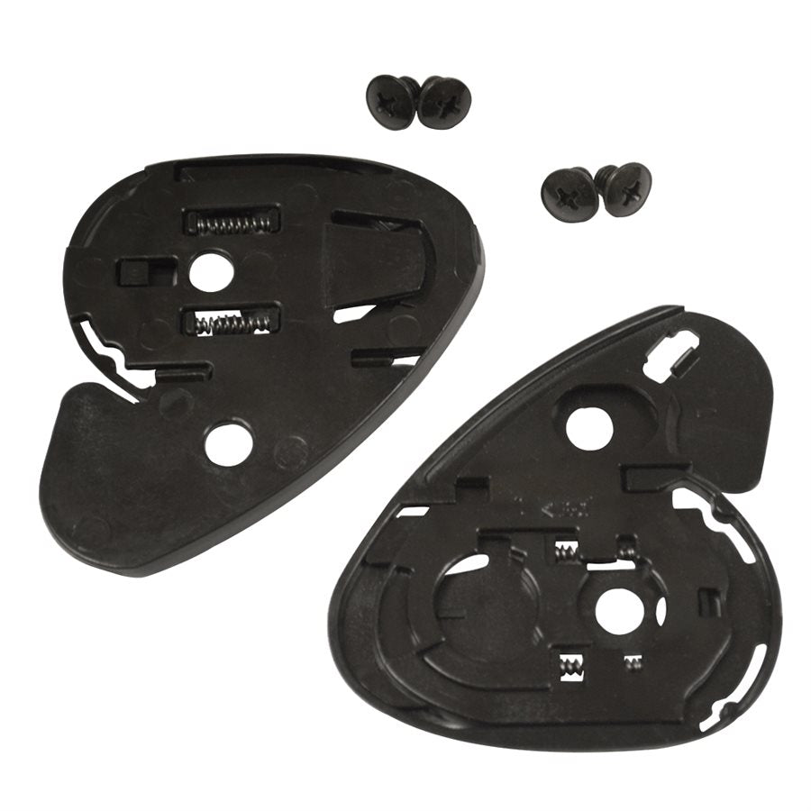 Zamp shield retention pivot kit black plastic plates with installed coil springs and four Phillips screws for FS-9 and FS-10 helmets on a white background