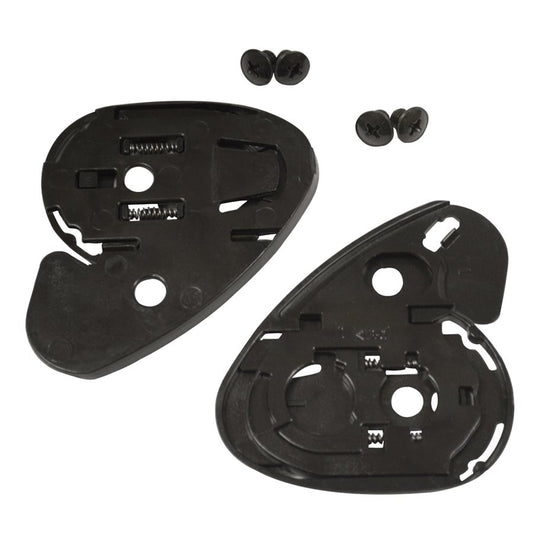 Zamp shield retention pivot kit black plastic plates with installed coil springs and four Phillips screws for FS-9 and FS-10 helmets on a white background