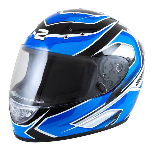 Blue and black Zamp FS10 helmet with white accent lines, clear visor in place, and side vent controls visible from a front three-quarter view on a white background
