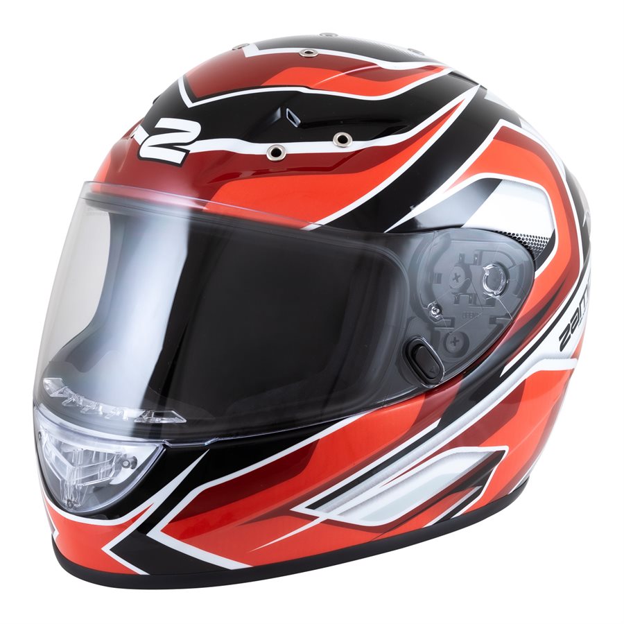 Red and black Zamp FS10 helmet showing aggressive graphic pattern in bright red over black with clear visor and vent layout on a white background