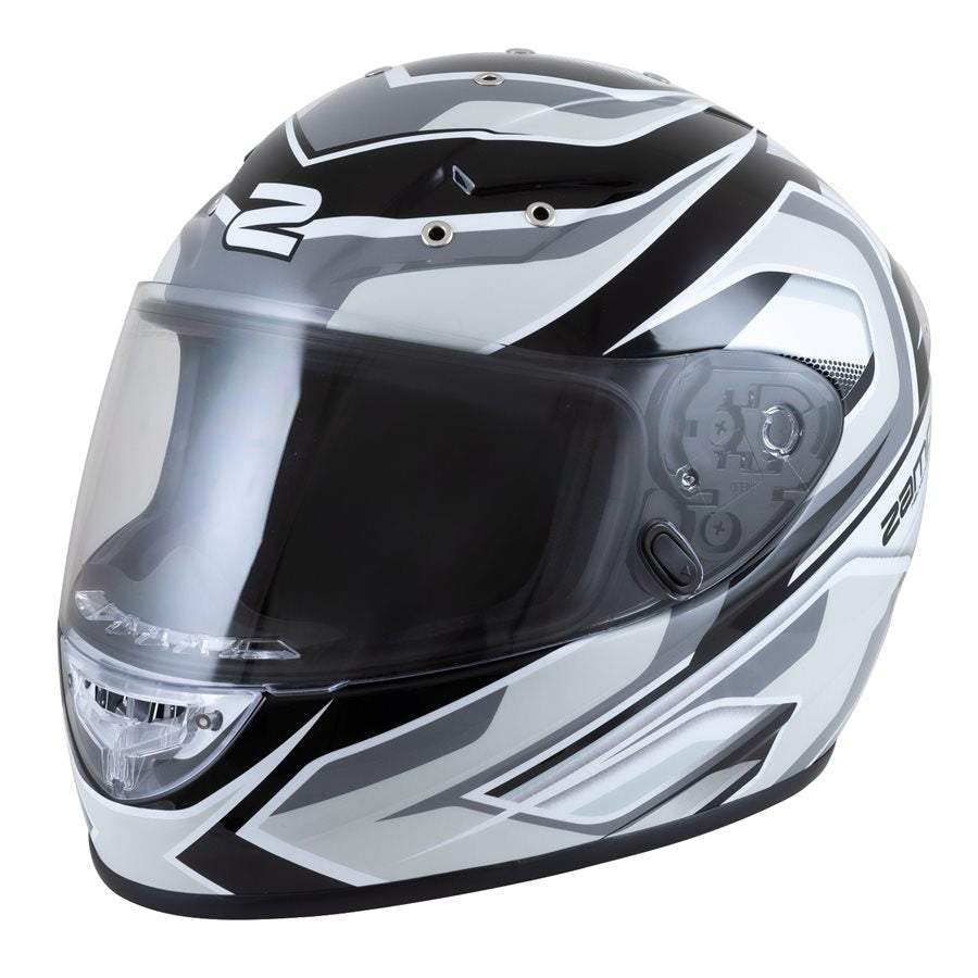 Silver and black Zamp FS10 helmet featuring gray scale graphics, white outlines, and Zamp branding on the side on a white background
