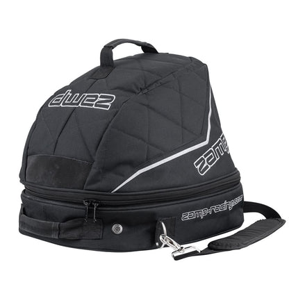 Black quilted Zamp helmet bag with fan closed showing top carry handle detachable shoulder strap and white logos on a white background