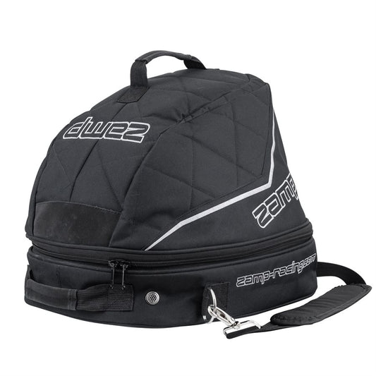 Black quilted Zamp helmet bag with fan closed showing top carry handle detachable shoulder strap and white logos on a white background