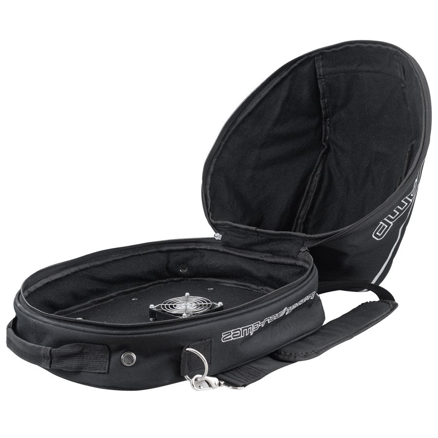 Empty open Zamp helmet bag with fan displaying full interior space base mounted fan heavy duty zipper and soft black liner on a white background