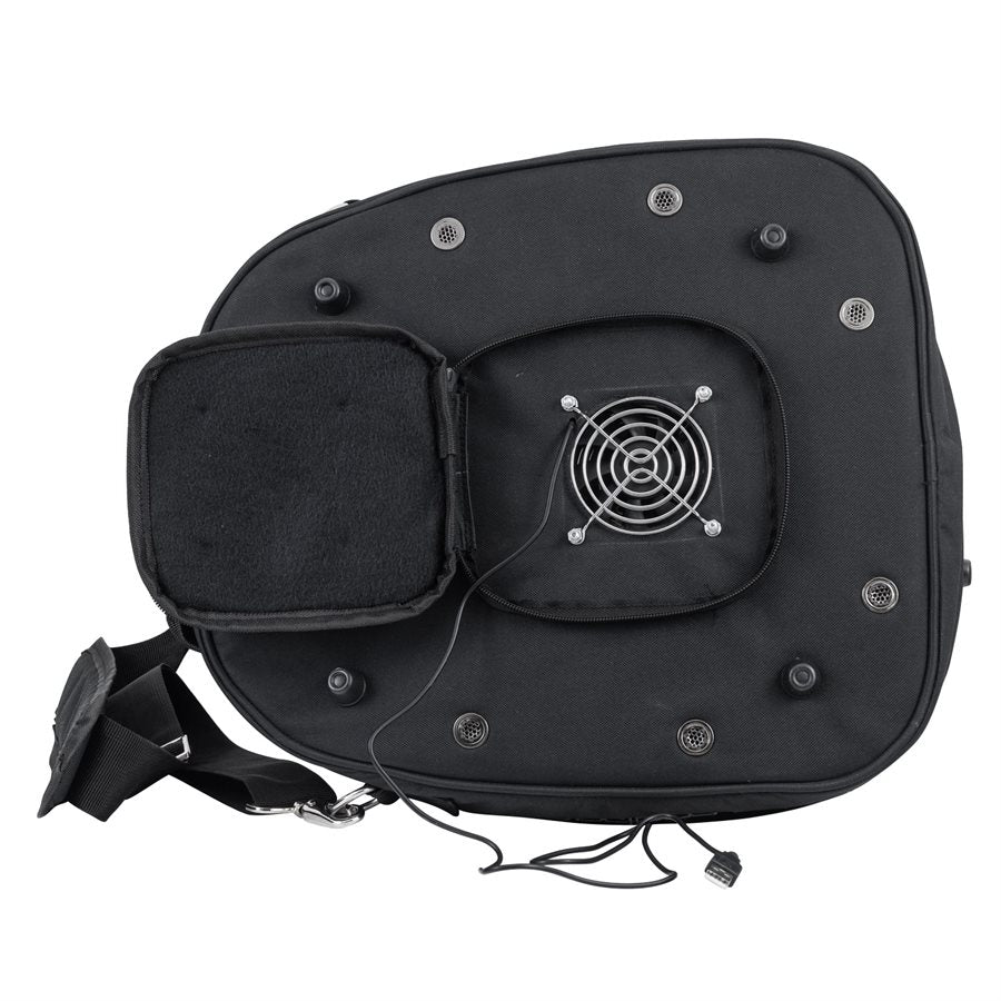 Black Zamp helmet bag with fan lid view showing integrated USB fan with metal guard velcro pocket and multiple ventilation grommets on a white background