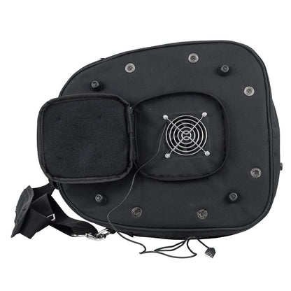 Black Zamp helmet bag with fan lid view showing integrated USB fan with metal guard velcro pocket and multiple ventilation grommets on a white background