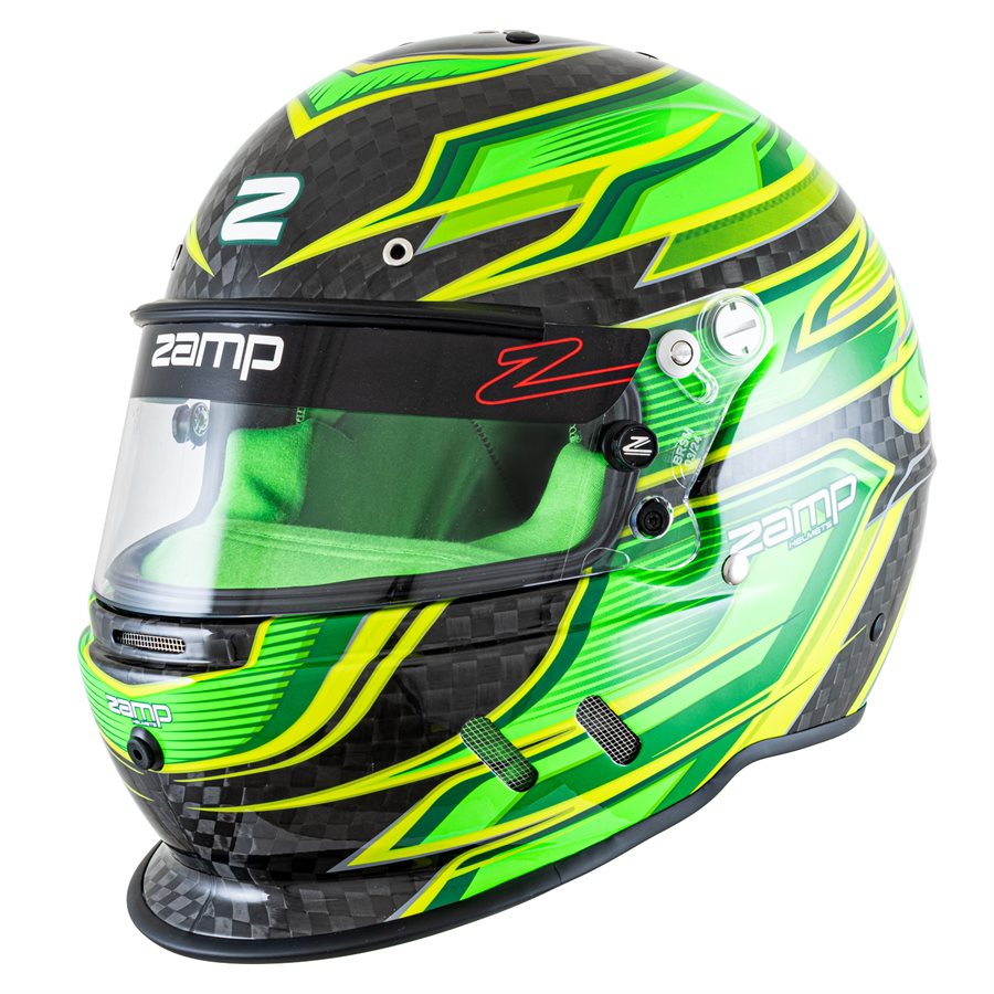 Zamp RZ-67D carbon fiber kart racing helmet in flo green and yellow graphics with green interior on a white background